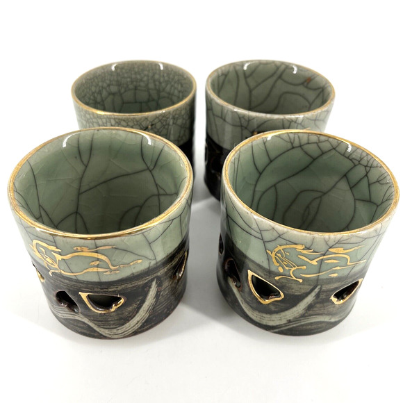 Vtg 4 Green Brown Somayaki Japan Double Wall Crackle Glazed Heart Tea Cups 200ml - Picture 1 of 16